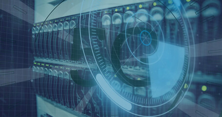Image of scope scanning with 5g text and data processing over server room