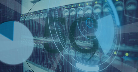 Image of scope scanning with 5g text and data processing over server room