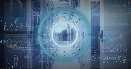 Image of mathematical equations and data processing against computer server room