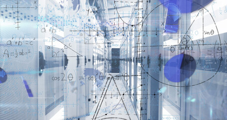 Image of mathematical equations and data processing over server room