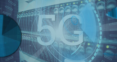 Image of scope scanning with 5g text and data processing over server room