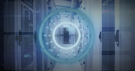 Image of mathematical equations and data processing against computer server room