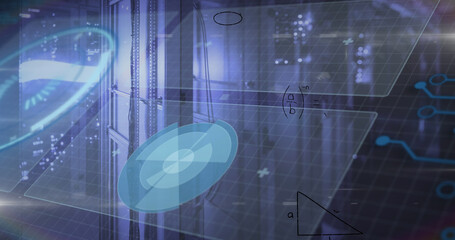Image of mathematical equations and data processing over rainbow lens flare against server room