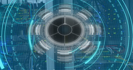 Image of scope scanning with 5g text and data processing over server room
