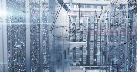 Image of mathematical equations and data processing against computer server room