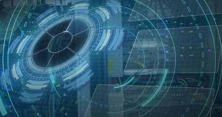 Image of scope scanning with 5g text and data processing over server room