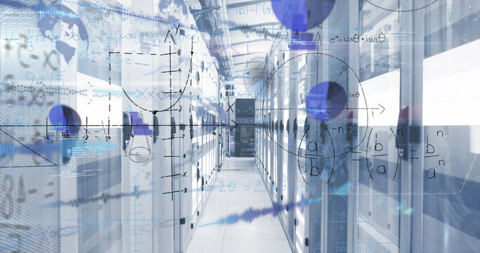 Image of mathematical equations and data processing over server room
