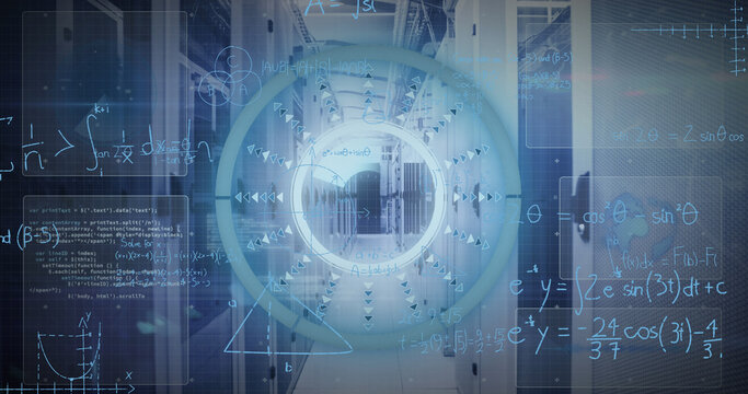 Image of mathematical equations and data processing against computer server room