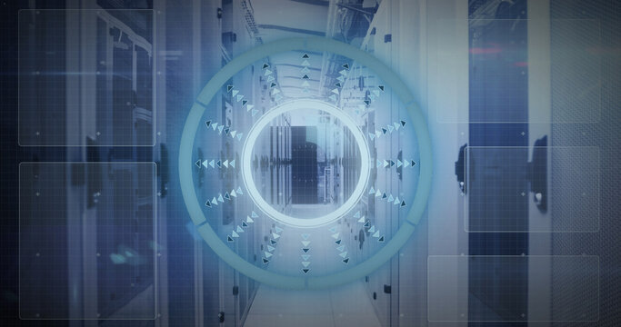 Image of mathematical equations and data processing against computer server room