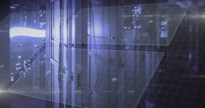 Image of mathematical equations and data processing over rainbow lens flare against server room - Powered by Adobe