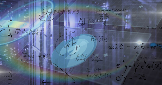 Image of mathematical equations and data processing over rainbow lens flare against server room