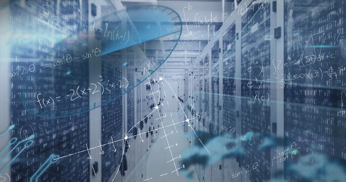 Image of mathematical equations and data processing against computer server room