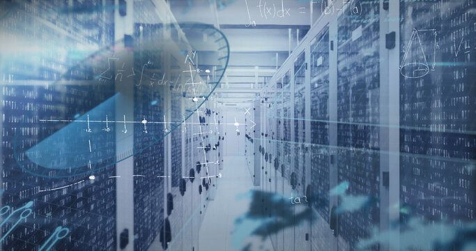 Image of mathematical equations and data processing against computer server room