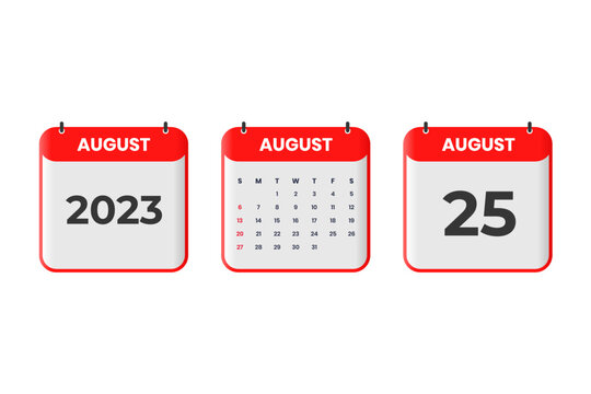 August 2023 calendar design. 25th August 2023 calendar icon for schedule, appointment, important date concept