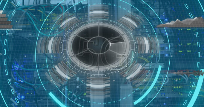 Image of scope scanning with 5g text and data processing over server room