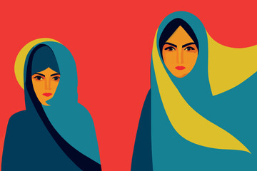 Image of two rioting Iranian women wearing hijab.
