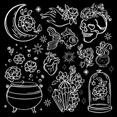 LOVE MAGICA Alchemic Monochrome Elements Halloween Astrology Esoteric Occult Witchcraft Sketch Doodle Hand Drawn Magical Object Symbols For Design Creatives