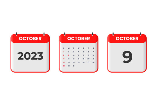 October 2023 calendar design. 9th October 2023 calendar icon for schedule, appointment, important date concept