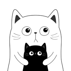 Black white cat face head line contour silhouette icon set. Mother hugging baby. Love couple. Funny kawaii smiling sad doodle animal. Cute cartoon character. Flat design. White background.