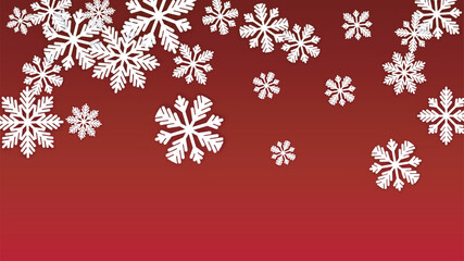 Christmas  Vector Background with Falling Snowflakes. Isolated on Red Background. Realistic Snow Sparkle Pattern. Snowfall Overlay Print. Winter Sky. Papercut Snowflakes.