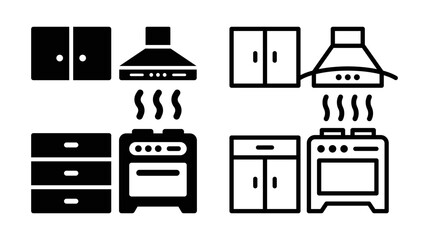Kitchen icon outline and solid design with oven, cooker Hood Extractor and cabinet symbol. Vector illustration.