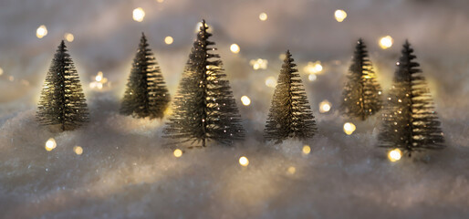 shiny christmas decoration landscape with trees in snow and blurred lights, bright merry christmas...