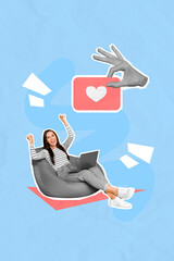 Collage photo of young excited positive cute woman sitting relaxed beanbag chair coder programmer...
