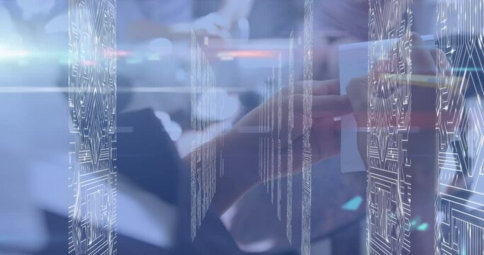 Animation of moving columns and light trails over diverse people - Powered by Adobe