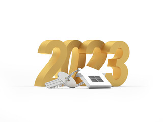 Golden number 2023 with a silver house key on a white background. 3D illustration