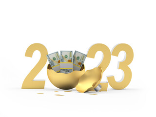 Golden Christmas ball with dollar bills and number 2023. 3D illustration