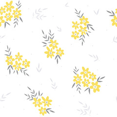 Stylish floral seamless pattern with cute little yellow flowers. Elegant fabric design in hand-drawn style. Floral print design for textiles, wrapping paper, gift paper, fabric.