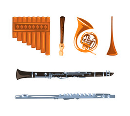 Wind Musical Instruments with Trumpet and Flute Vector Set