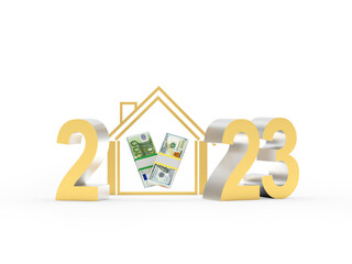 Number 2023 with house icon and dollar and euro bills on white background. 3D illustration