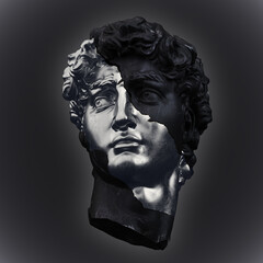 Abstract illustration from 3D rendering of a silver and black marble head of male classical sculpture broken in three pieces and isolated on dark background.