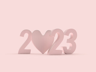 Number 2023 with heart icon on pastel pink. 3D illustration