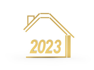House icon with number 2023 isolated on white background. 3D illustration