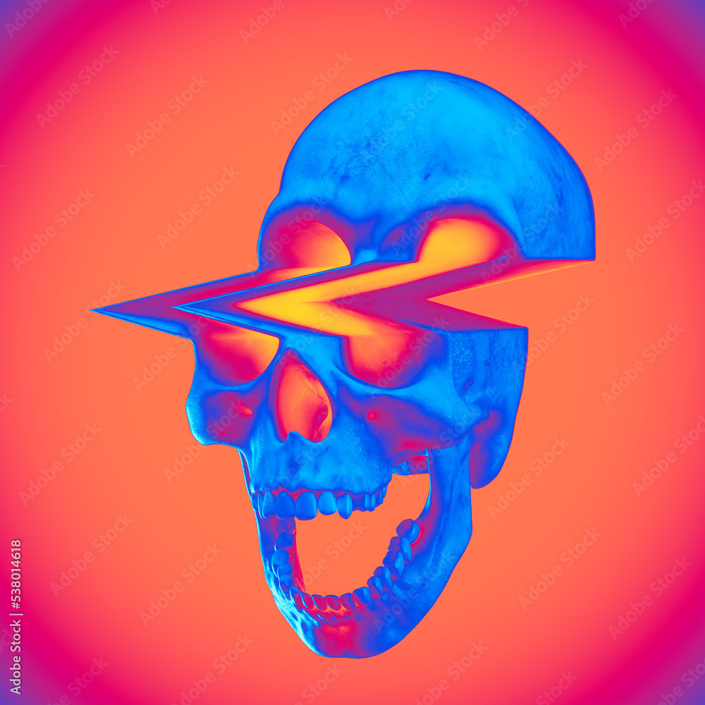 Poster digital illustration from 3d rendering of pixel stretched glitch spike deformed screaming skull in v