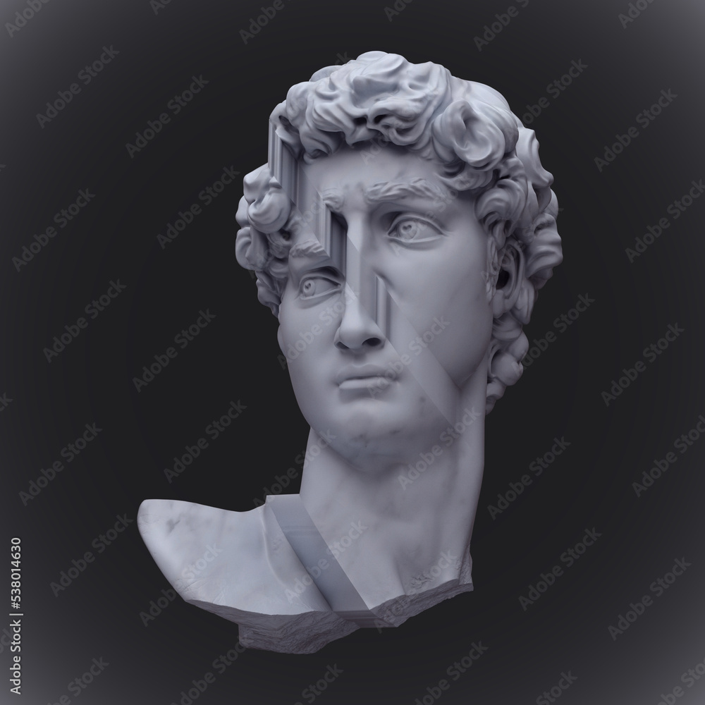 Poster abstract illustration from 3d rendering of glitch pixel stretch deformed classical head sculpture is