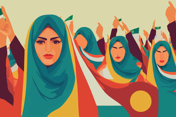 Muslim women wearing hijabs. Fighting for freedom of girls in Iran. Protest
