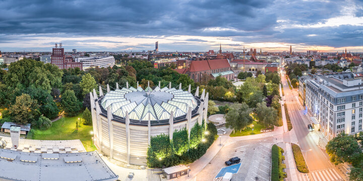 Wrocław old town night aerial panorama shot from a drone.