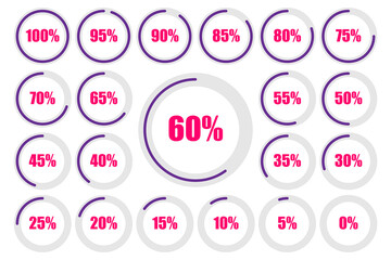 21 Set of circle percentage diagrams from 0 to 100 percent. Ready-to-use for web design, user interface (UI), infographic, report.