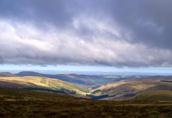 Views of Calroust Burn over the Scottish border from near Windy Gyle in the Cheviot Hills in...