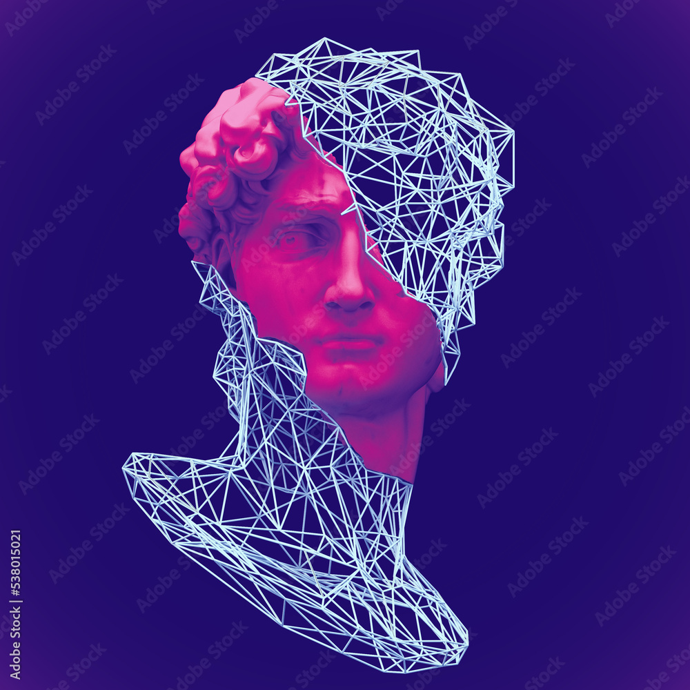 Poster abstract illustration from 3d rendering of a broken head fragment made of white marble of a classica