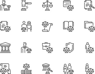 Judicial System. Law and Justice. Court Sitting, Legal Services. Vector Line Icons Set. Editable Stroke. 48x48 Pixel Perfect.