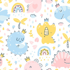 Dino princess seamless pattern. Girls dinosaurs with crowns in the jungle with a rainbow. Childish hand-drawn Scandinavian style. Vector texture for baby clothes, packaging, wallpapers, textiles © Svitlana Kharchuk