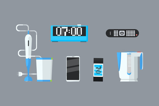 Home Electric Devices and Appliances with Blender, Digital Clock, Smartphone, Watch, Kettle and Remote Vector Set