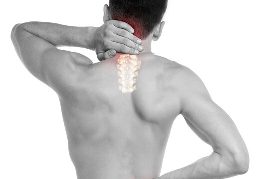 Middle aged man has shoulder pain  with CT scan of cervical spine 3D rendering.