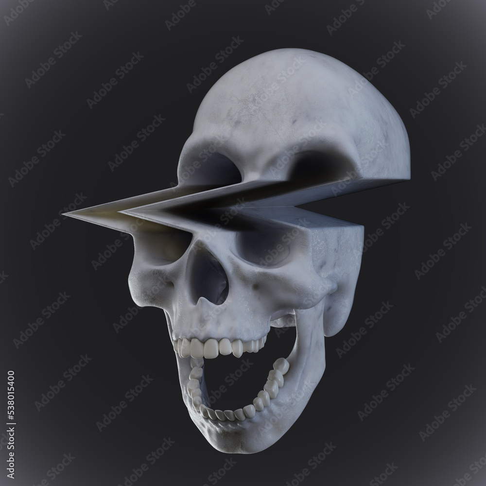 Poster digital illustration from 3d rendering of pixel stretched glitch deformed monochrome screaming skull