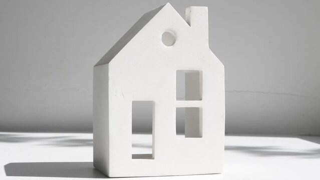 Miniature model of a house on a gray background with moving abstract shadows.
