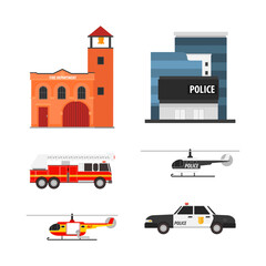 Fire and Police Department as Emergency City Services Building with Transport Vector Set